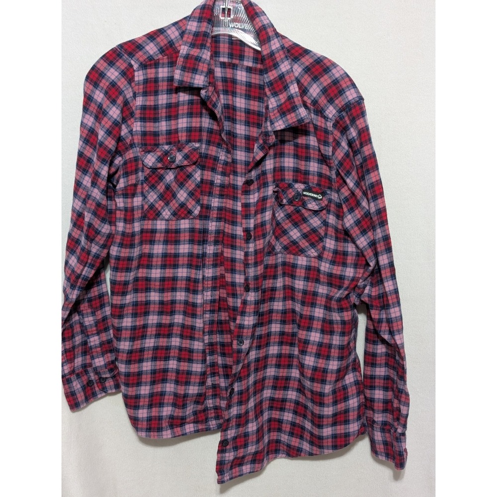 Wolverine Womens XL Pink Red Navy Blue Plaid Flannel Button Down Shirt Pockets